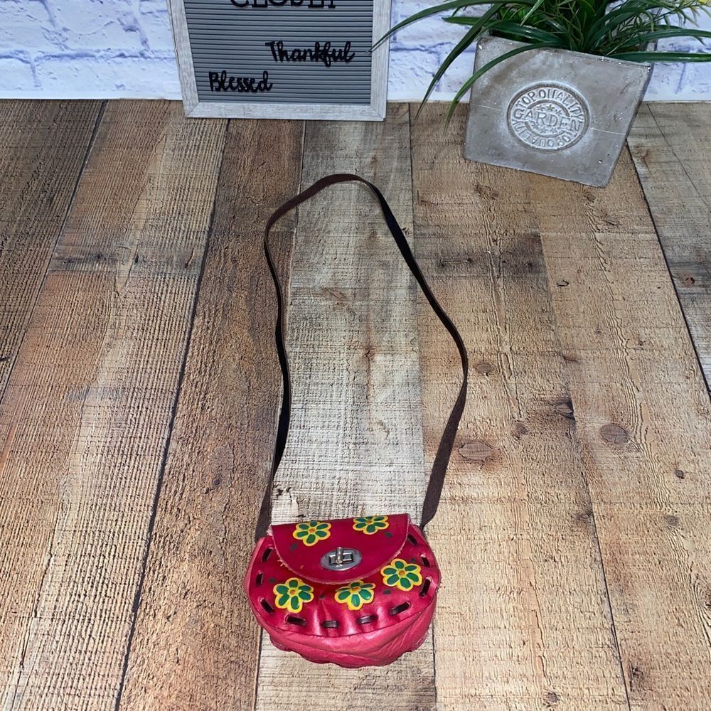Mini Bag Red Leather Coin Purse Made In Mexico little girls crossbody 4" x 4"